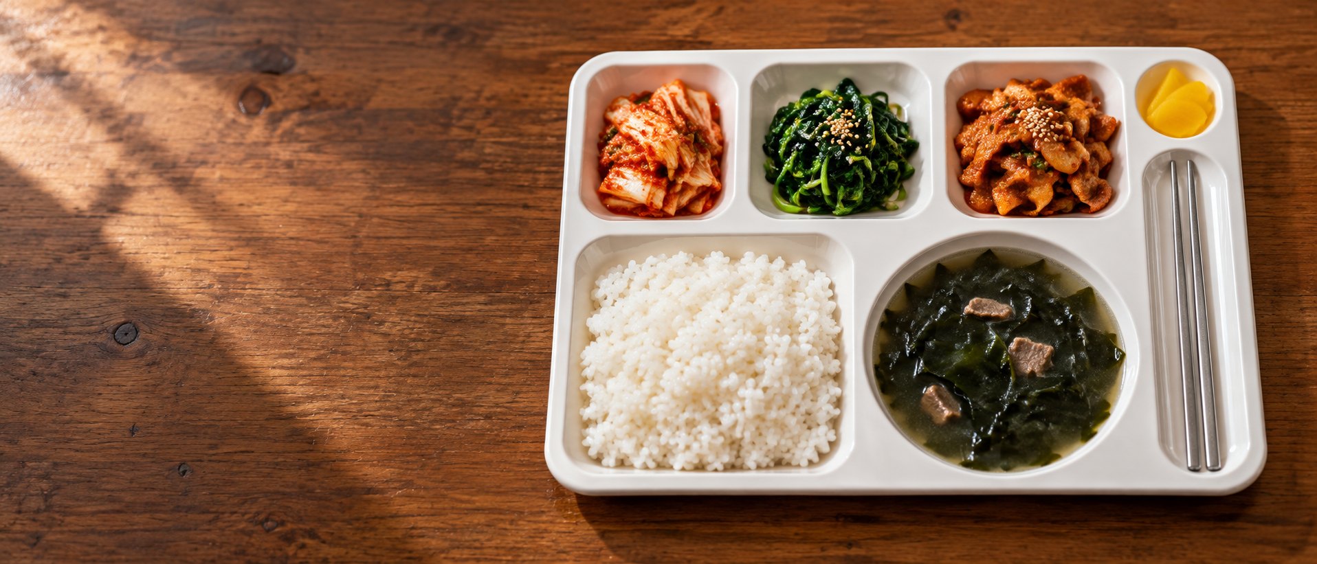 밥, 국, 반찬이 담긴 한식 식판